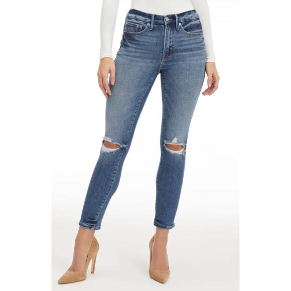 NEW Good American Good Legs Stovepipe Jeans Women's Size 4/27 Blue Distressed - Picture 1 of 11